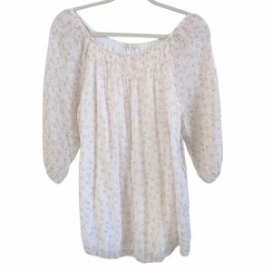 Guisy Italian Made 100% Silk Floral 3/4 Sleeve Smocked Neckline Blouse L